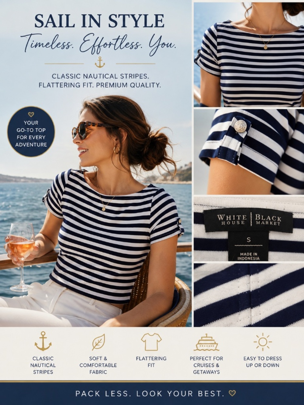 White House Black Market Navy & White Striped Stretch Top Size S Nautical
